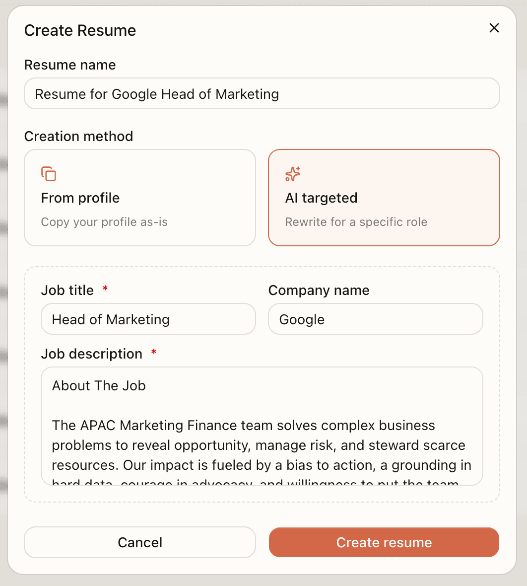 AI-tailored resume generated from a pasted job description in JobHone